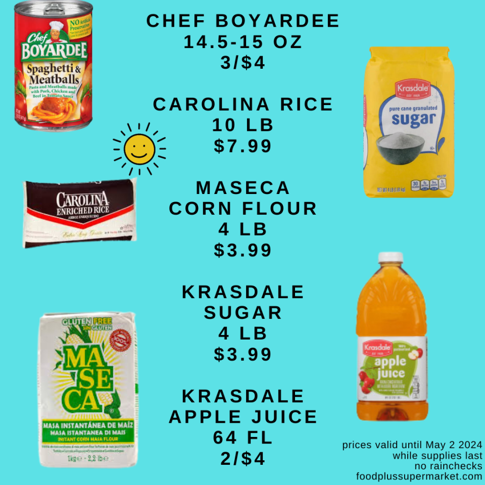 Grocery Sales - Chef boyardee, carolina rice, maseca corn flour, krasdale sugar, krasdale apple juice