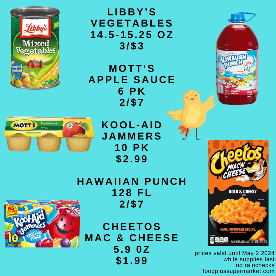 Grocery Items sales- Libbys vegetables, Motts apple sauce, kool aid jammers, hawaiian punch, cheetos mac and cheese