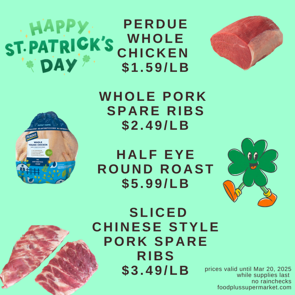On Sale - Perdue Whole Chicken, Whole Pork Spare Ribs, Half eye round roast, sliced chinese style pork spare ribs