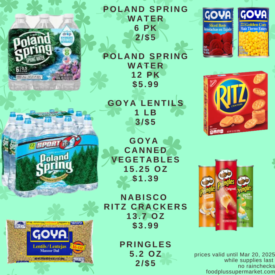 On Sale - Poland spring water, goya lentils, goya canned vegetables, nabisco ritz crackers, pringles
