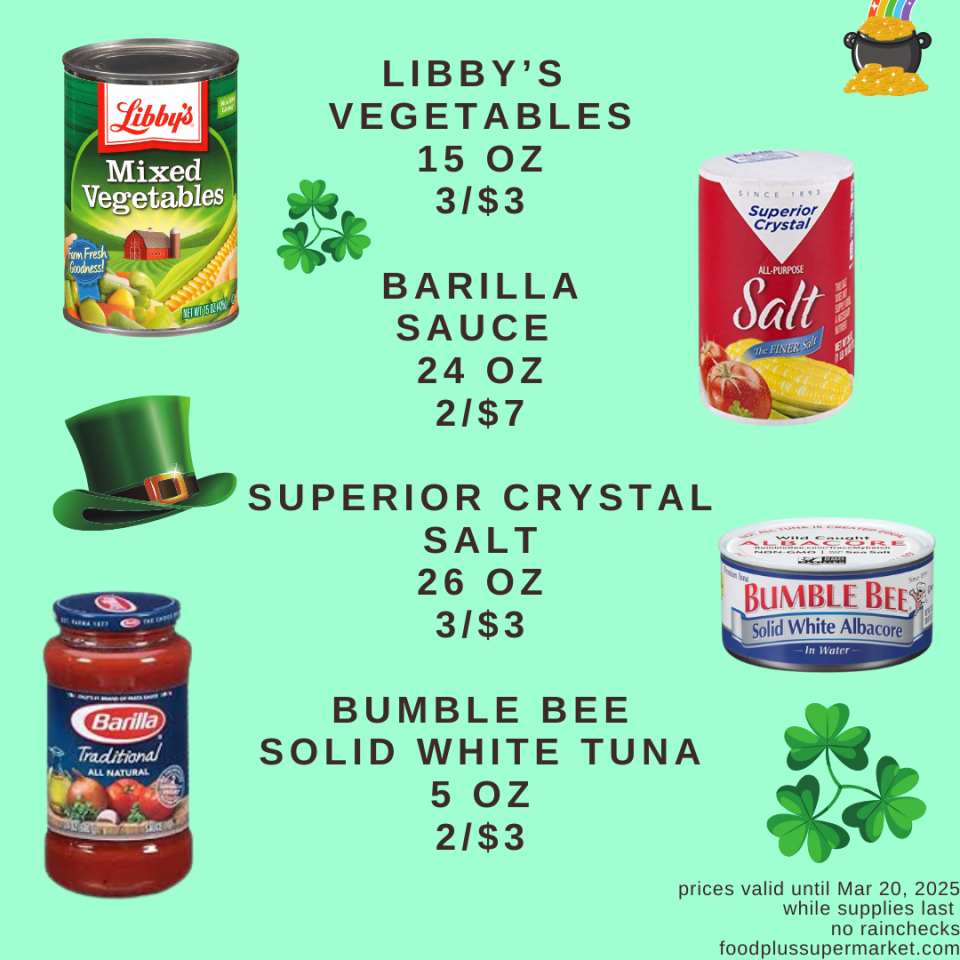 On Sale - Libby's Vegetables, Barilla Sauce, Superior Crystal Salt, Bumble Bee Solid White Tuna