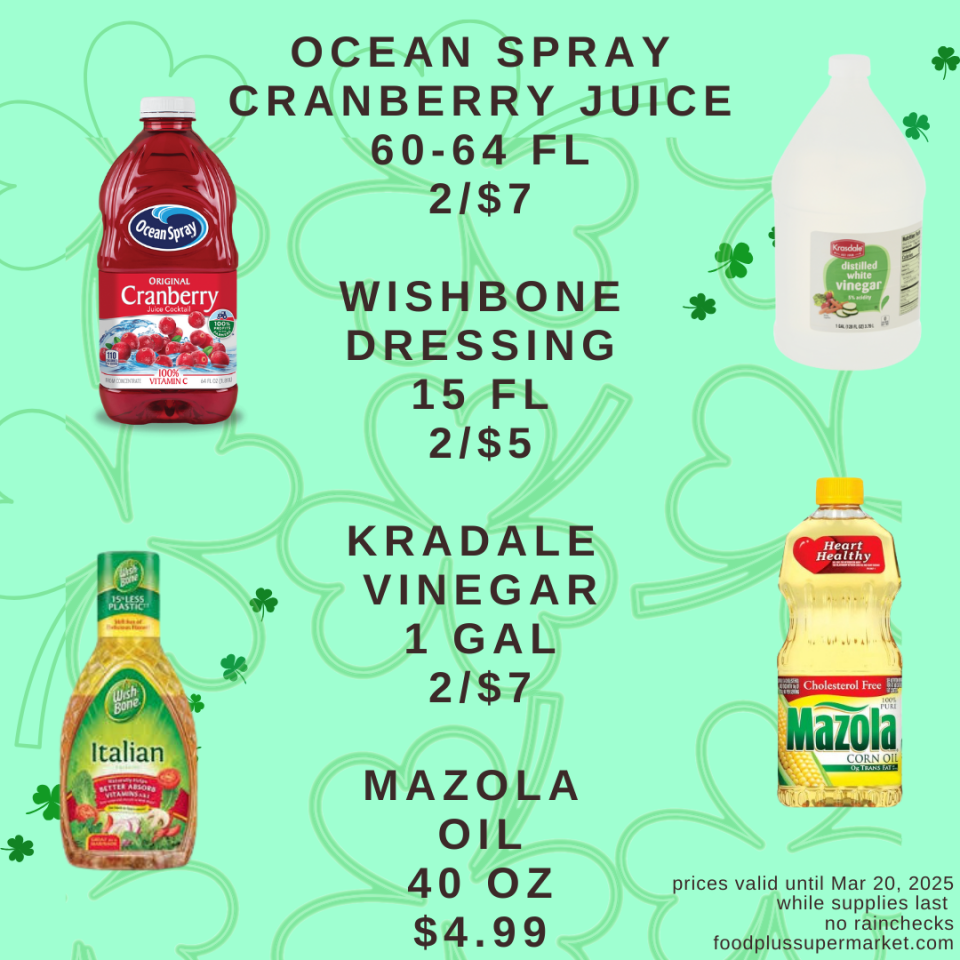 On Sale - Ocean spray cranberry juice, wishbone dressing, krasdale vinegar, mazola oil