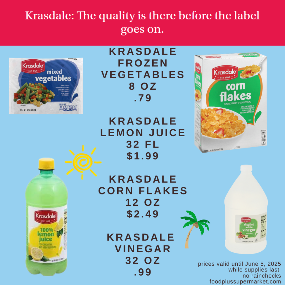 on sale - krasdale frozen vegetables, krasdale lemon juice, krasdale corn flakes, krasdale vinegar