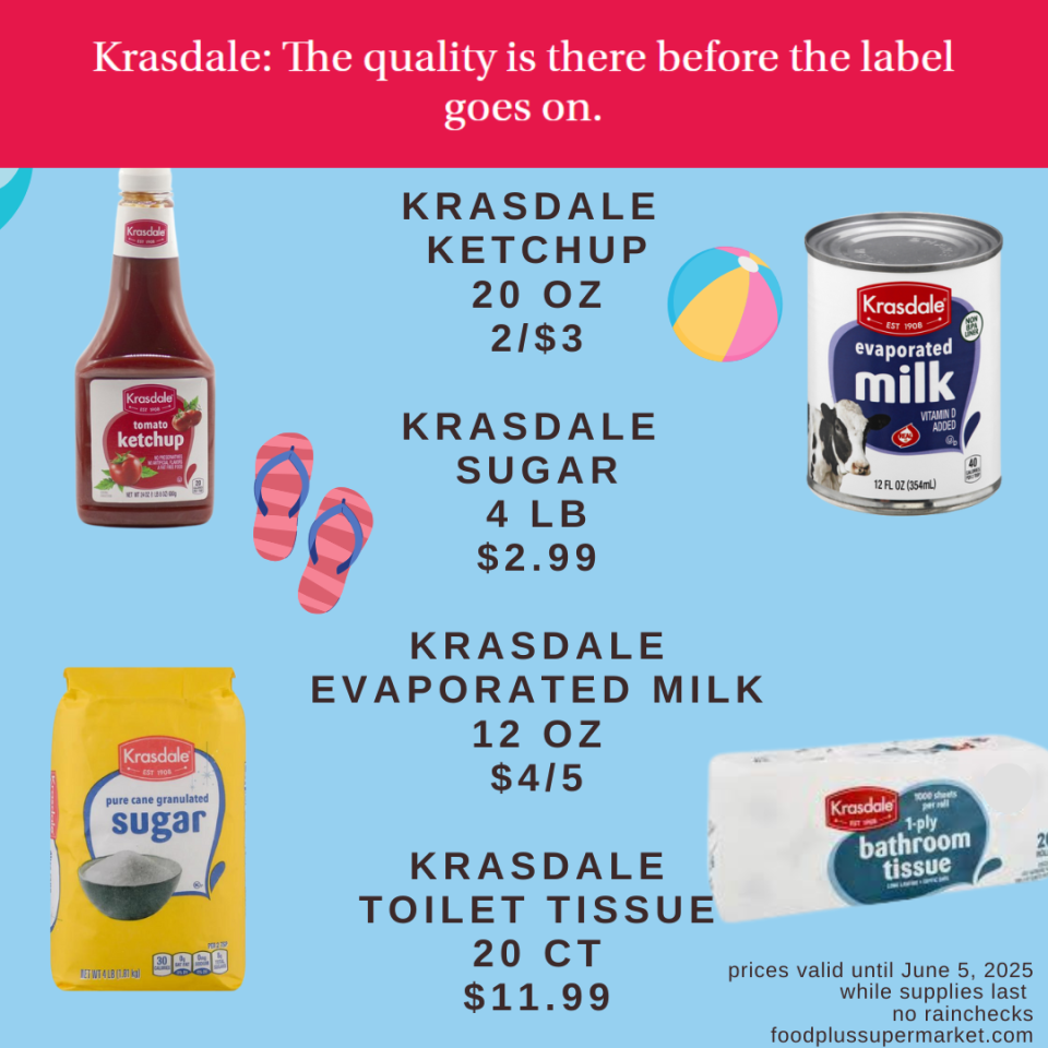 on sale -krasdale ketchup, krasdale sugar, krasdale evaporated milk, krasdale toilet tissue