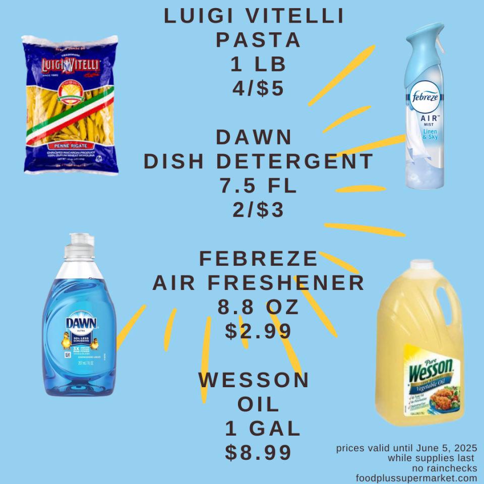 on sale - Luigi Vitelli pasta, dawn dish detergent, febreze air freshener, wesson oil