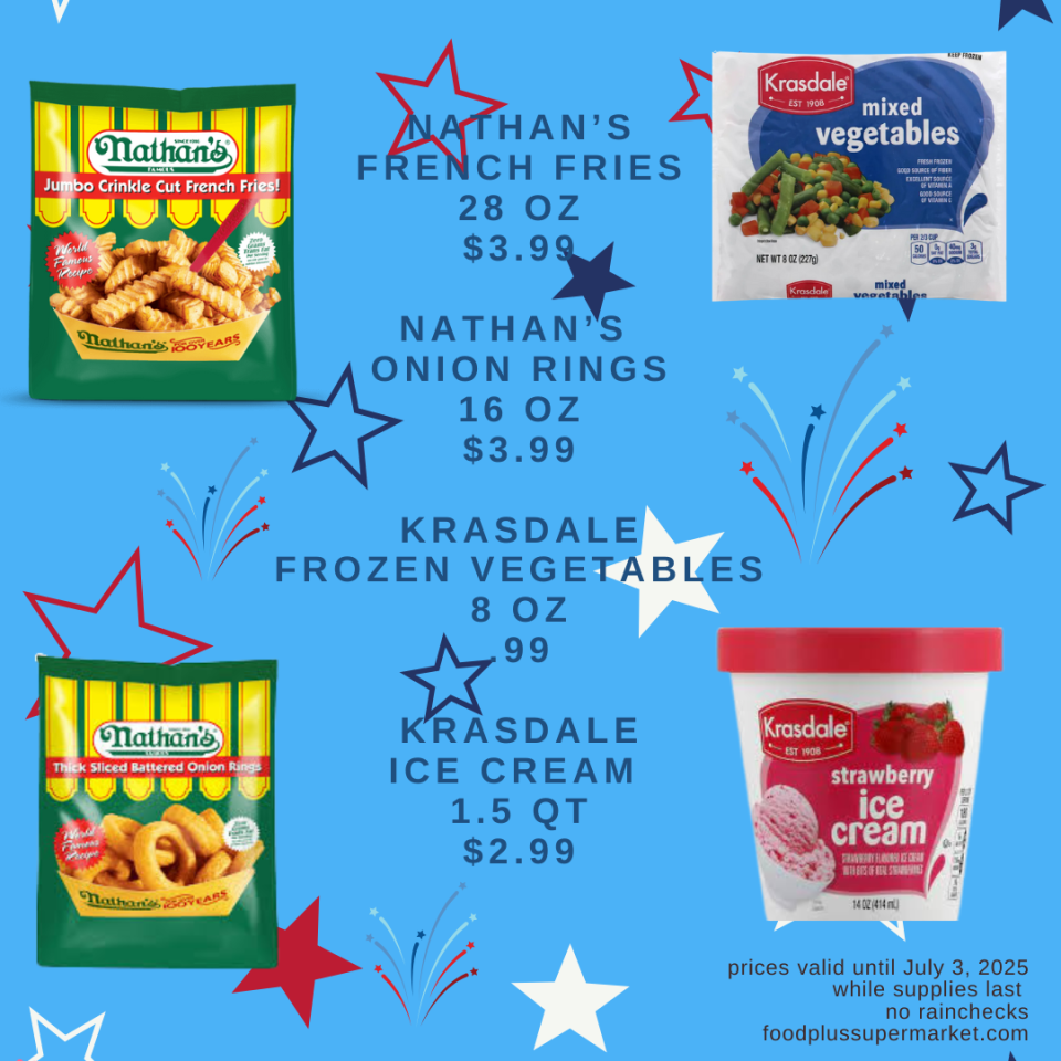 On Sale - Nathans french fries, nathans onion rings, krasdale frozen vegetables, krasdale ice cream