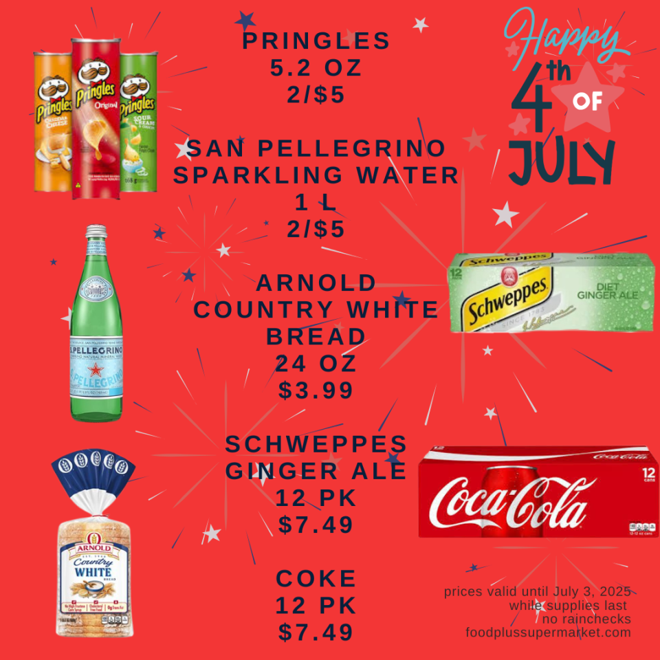 on sale - pringles, san pelligrino sparkling water, arnold country white bread, schweppes ginger ale, coke