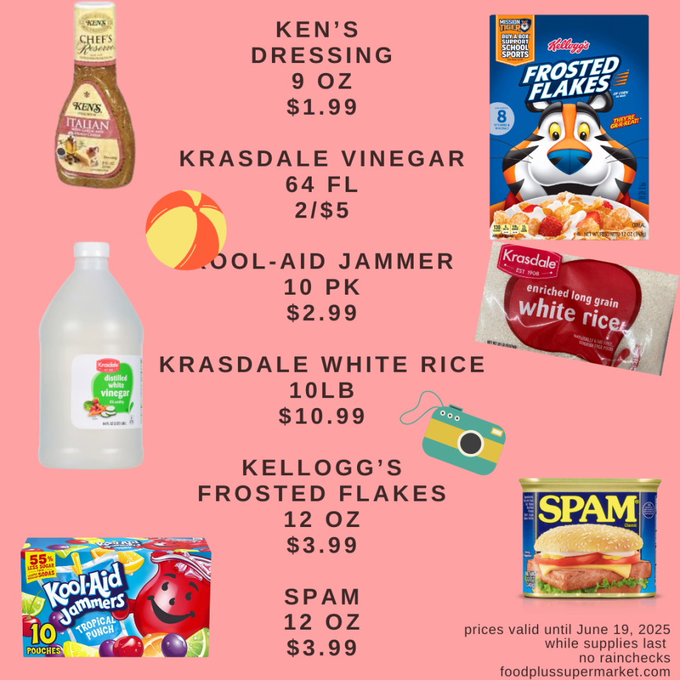 on sale - kens dressing, krasdale vinegar, kool-aid jammer, krasdale white rice, kellogs frosted flakes, spam