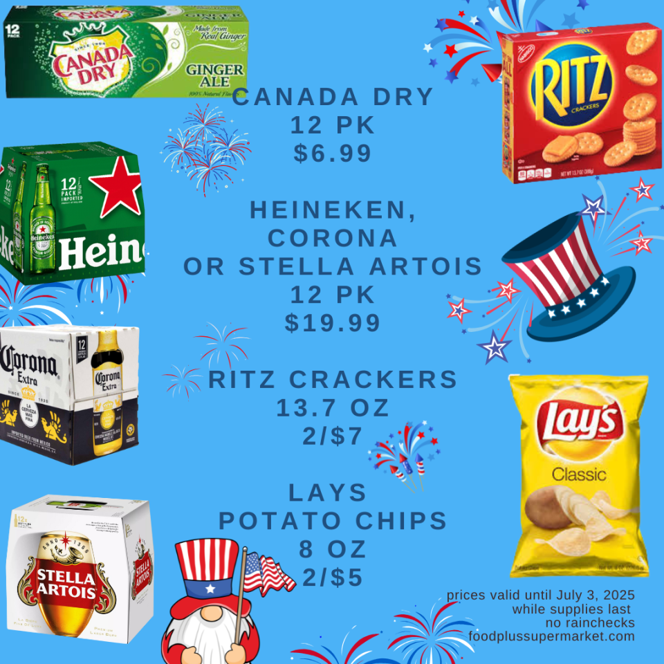 on sale - canada dry, heineken, corona, stella artois, ritz crackers, lays potato chips