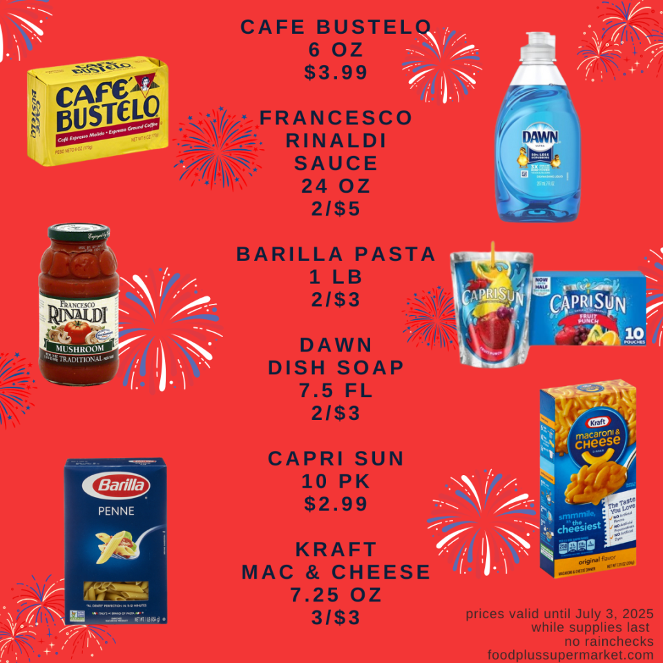On Sale - Cafe bustelo, francesco rinaldi sauce, barilla pasta, dawn dish soap, capri sun, kraft mac & cheese