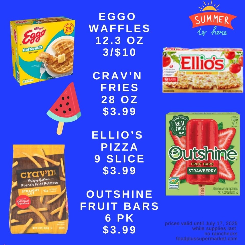 On Sale - eggowaffles, crav'n fries, ellio's pizza 9 slice, outshine fruit bars 6 pk