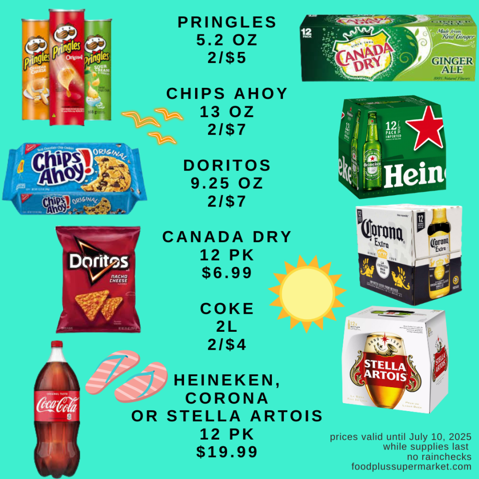 on sale - Pringles, chips ahoy, doritos, canada dry, coke, heineken, corona or stella artois