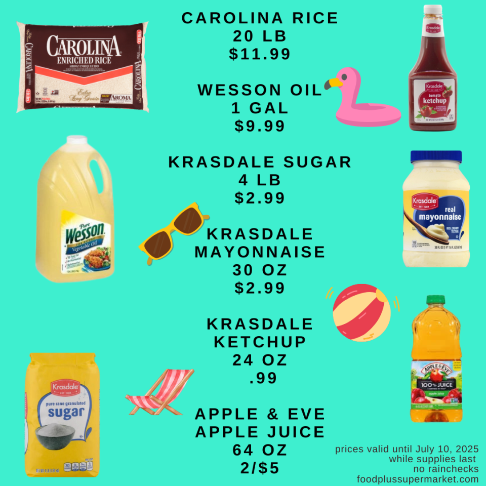on sale - Carolina rice, Wesson oil, krasdale sugar, krasdale mayonnaise, krasdale ketchup, apple & eve apple juice