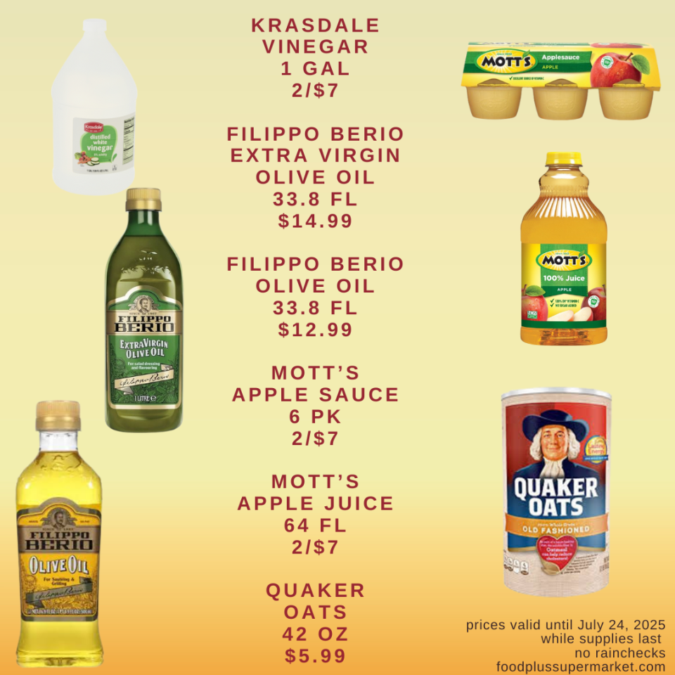On Sale - Krasdale vinegar, filippo berio extra virgin olive oil, filippo berio olive oil, motts apple sauce, motts apple juice, quaker oats