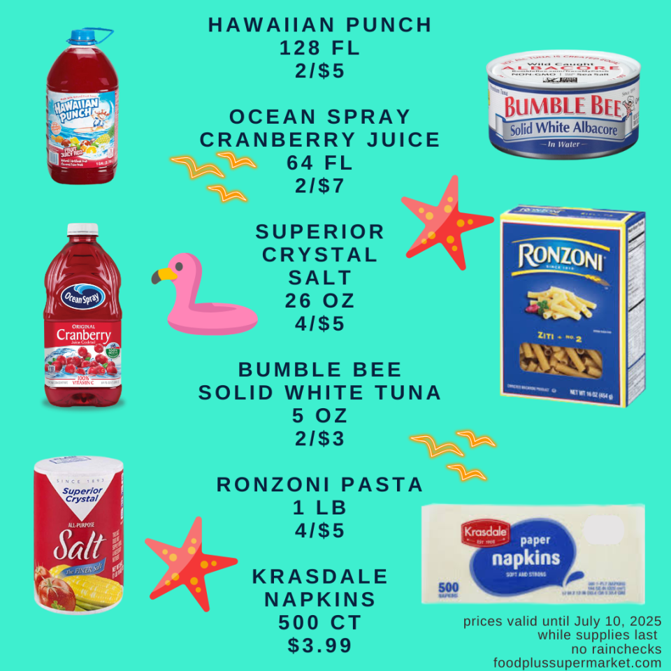 On Sale - hawaiian punch, ocean spray cranberry juice, superior crystal salt,m bumble bee solid white tuna, ronzoni pasta, krasdale napkins