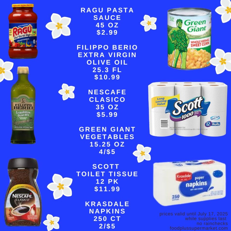 On Sale - Ragu pasta sauce, filippo berio extra virgin olive oil, nescafe clasico, green giant vegetables, scott toliet tissue, krasdale napkins