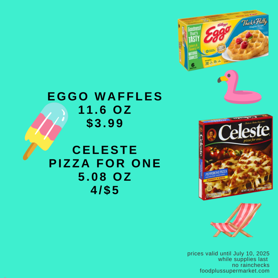 on sale - eggo waffles, celeste pizza for one