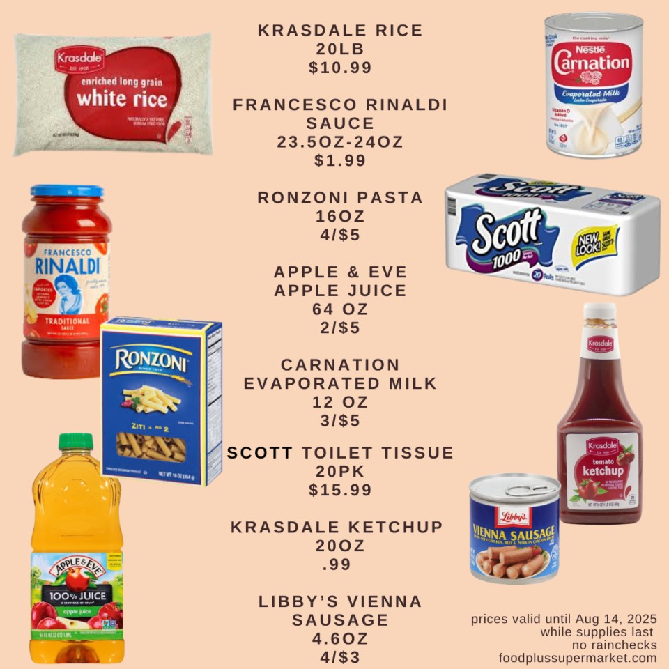 on sale - krasdale rice, francesco rinaldi sauce, ronzoni pasta, apple & eve apple juice, carnation evaporated milk, scott toilet tissue, krasdale ketchup, libbys vienna sausage