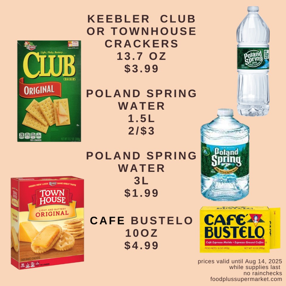 on sale - Keebler club or townhouse crackers, poland spring water, cafe bustelo