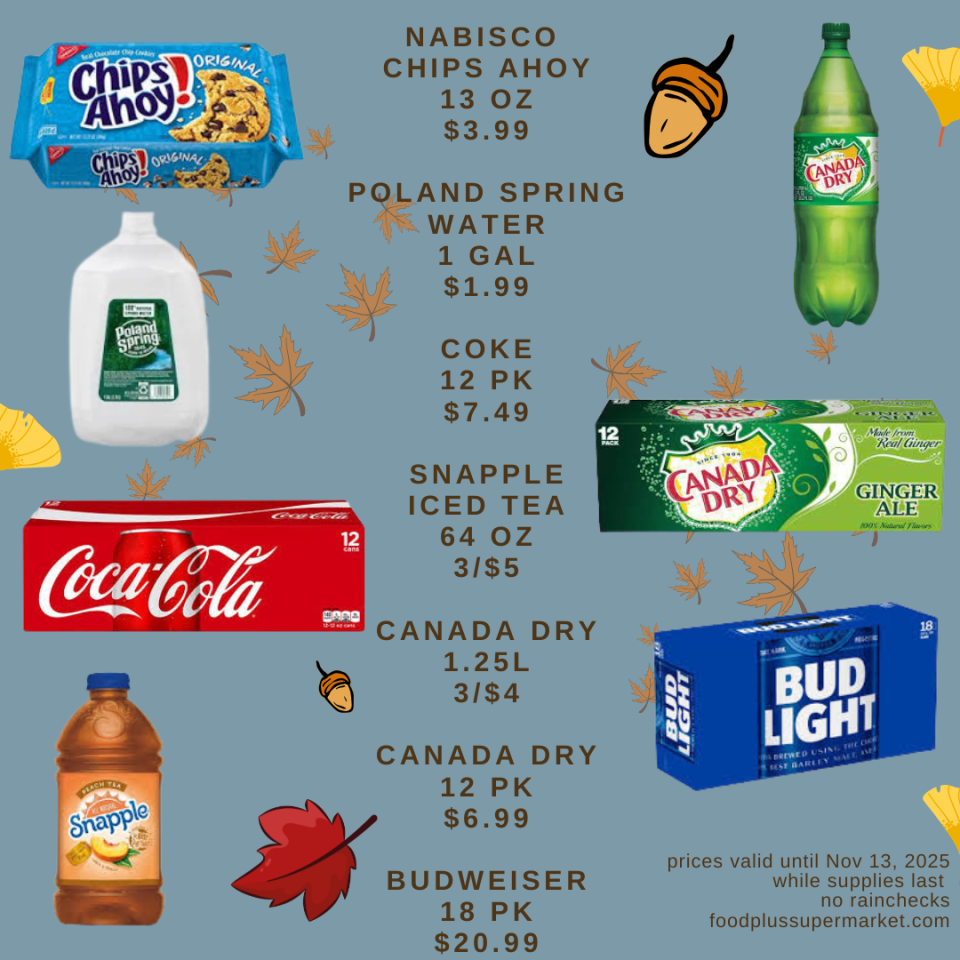on sale -NABISCO CHIPS AHOY 13 OZ $3.99, POLAND SPRING WATER 1 GAL $1.99, COKE 12 PK $7.49, SNAPPLE ICED TEA 64 OZ 3/$5, CANADA DRY 1.25L 3/$4, CANADA DRY 12 PK $6.99, BUDWEISER 18 PK $20.99