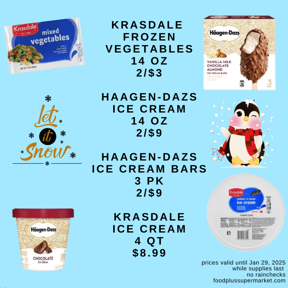 krasdale frozen vegetables, haagen - dazs ice cream, haagen - dazs ice cream bars, krasdale ice cream