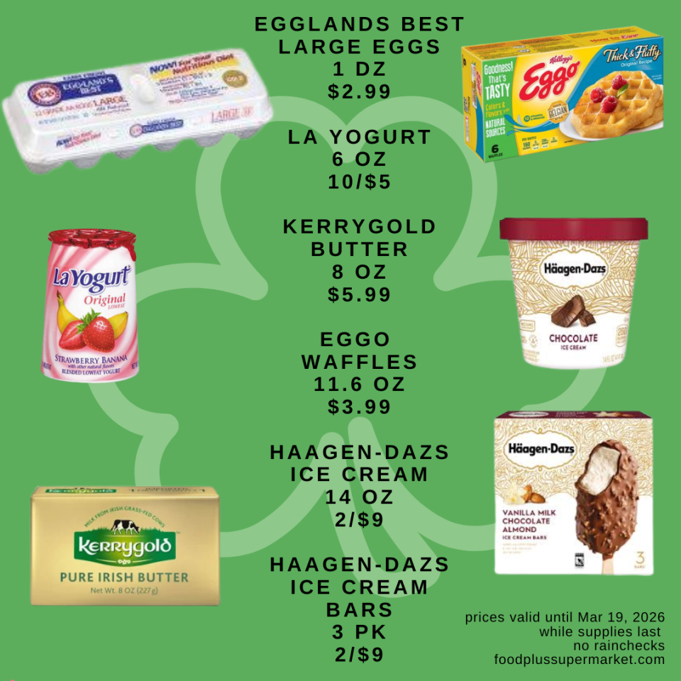Grocery flyer featuring Eggland’s Best large eggs (1 dozen for $2.99), La Yogurt (6 oz, 10 for $5), and Kerrygold Butter (8 oz for $5.99). Frozen section includes Eggo Waffles (11.6 oz for $3.99) and Haagen-Dazs ice cream (14 oz) or Haagen-Dazs ice cream bars (3 pack), both on sale at 2 for $9. Prices valid until Mar 19, 2026.