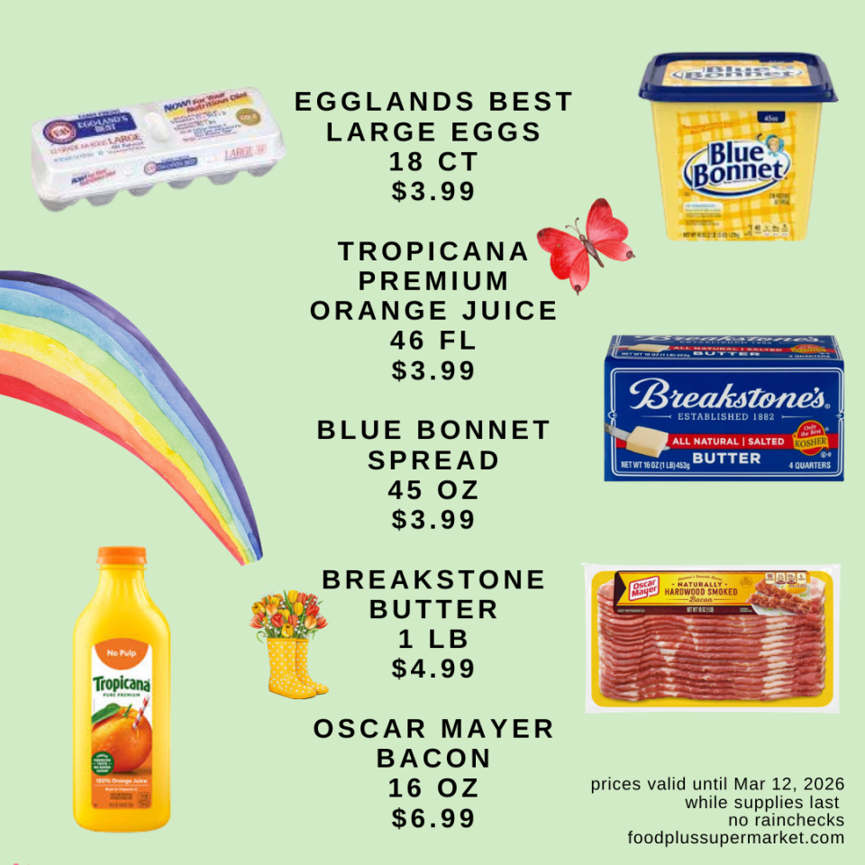 Food Plus Supermarket weekly circular page 2. Dairy and breakfast deals: Eggland’s Best large eggs (18 count) for $3.99, Tropicana Premium orange juice (46 fluid ounces) for $3.99, Blue Bonnet spread (45 ounces) for $3.99, and Breakstone butter (1 pound) for $4.99. Also features Oscar Mayer bacon (16 ounces) for $6.99