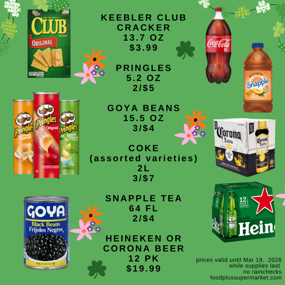 Weekly deals on snacks and drinks: Keebler Club Crackers (13.7 oz for $3.99), Pringles (5.2 oz, 2 for $5), and Goya Beans (15.5 oz, 3 for $4). Beverage specials include 2L Coke assorted varieties (3 for $7), Snapple Tea (64 fl oz, 2 for $4), and 12-packs of Heineken or Corona beer for $19.99. Prices valid until Mar 19, 2026.