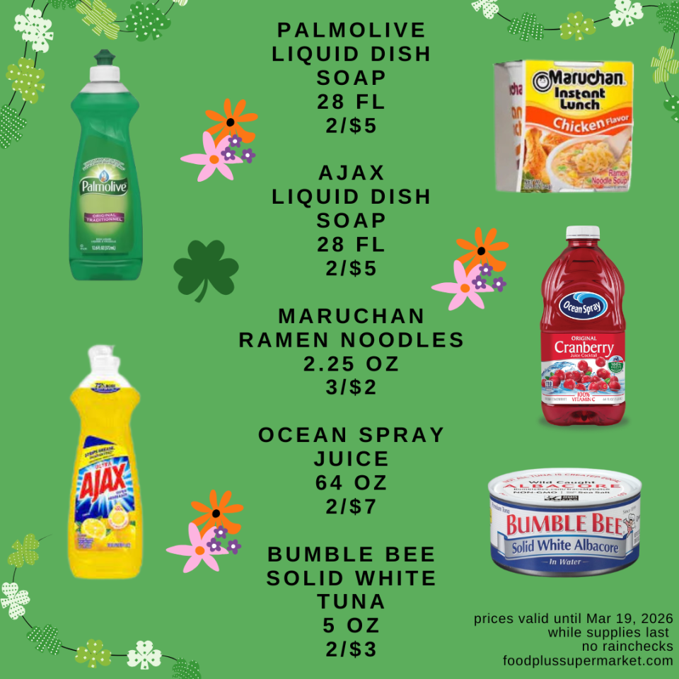 Circular page featuring Palmolive and Ajax liquid dish soap (both 28 fl oz, 2 for $5), Maruchan Ramen Noodles (2.25 oz, 3 for $2), and Bumble Bee Solid White Tuna (5 oz, 2 for $3). Also includes Ocean Spray Juice (64 oz, 2 for $7). Prices valid until Mar 19, 2026.