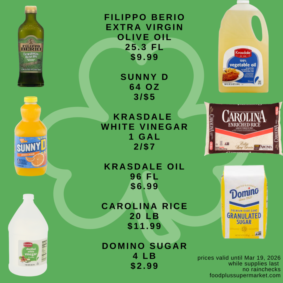 Weekly specials on kitchen staples: Filippo Berio Extra Virgin Olive Oil (25.3 fl oz for $9.99), Sunny D (64 oz, 3 for $5), and Krasdale White Vinegar (1 gallon, 2 for $7). Includes Krasdale Oil (96 fl oz for $6.99), Carolina Rice (20 lb for $11.99), and Domino Sugar (4 lb for $2.99). Prices valid until Mar 19, 2026.