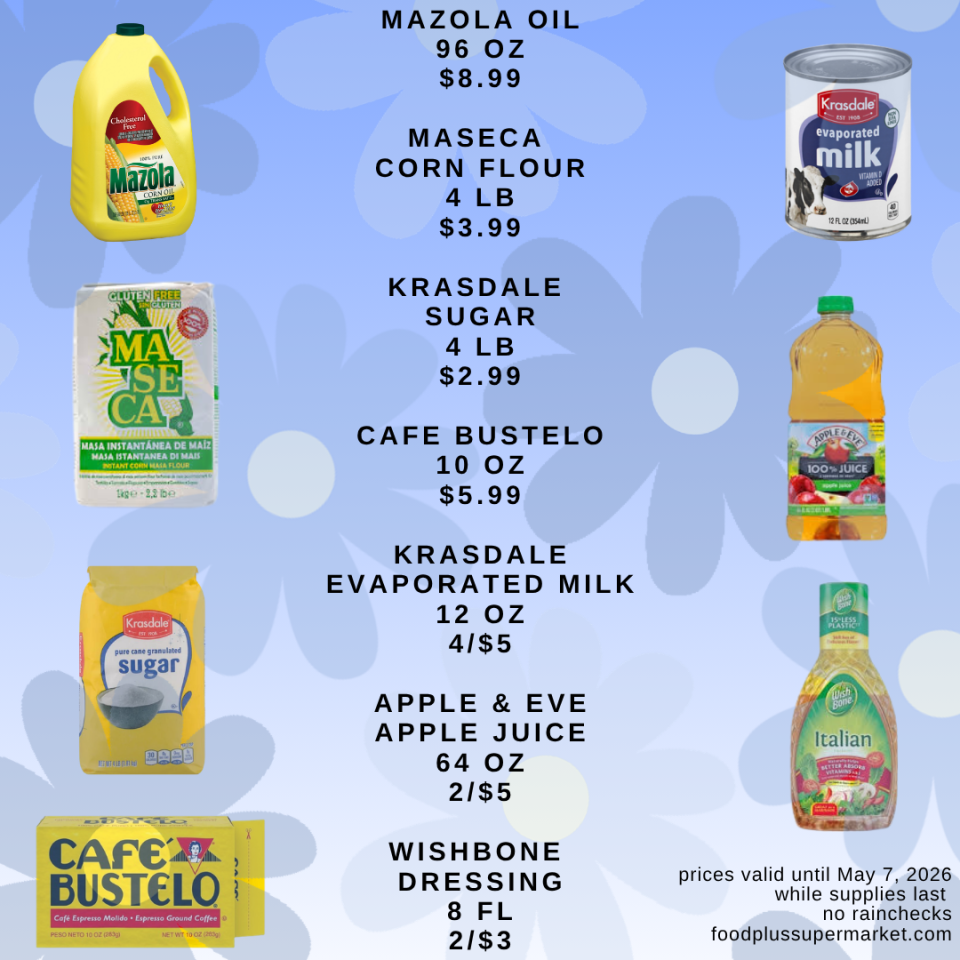 A grocery flyer page for cooking essentials. Mazola Oil (96 oz) for $8.99, Maseca Corn Flour (4 lb) for $3.99, Krasdale Sugar (4 lb) for $2.99, Cafe Bustelo (10 oz) for $5.99, Krasdale Evaporated Milk (12 oz) at 4/$5, Apple & Eve Apple Juice (64 oz) at 2/$5, and Wish-Bone Dressing (8 fl oz) at 2/$3.