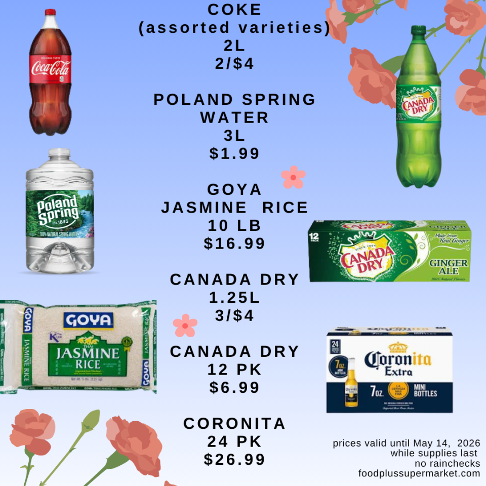 A Food Plus Supermarket weekly ad displaying offers on beverages and pantry staples, including 2-liter Coca-Cola bottles, Poland Spring water, Goya Jasmine Rice, Canada Dry ginger ale, and Coronita mini bottles.