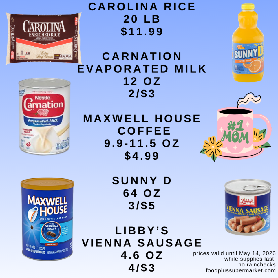 A Food Plus Supermarket circular featuring grocery items like Carolina rice, Carnation evaporated milk, Maxwell House coffee, Sunny D, and Libby's Vienna Sausage, decorated with a cute 
