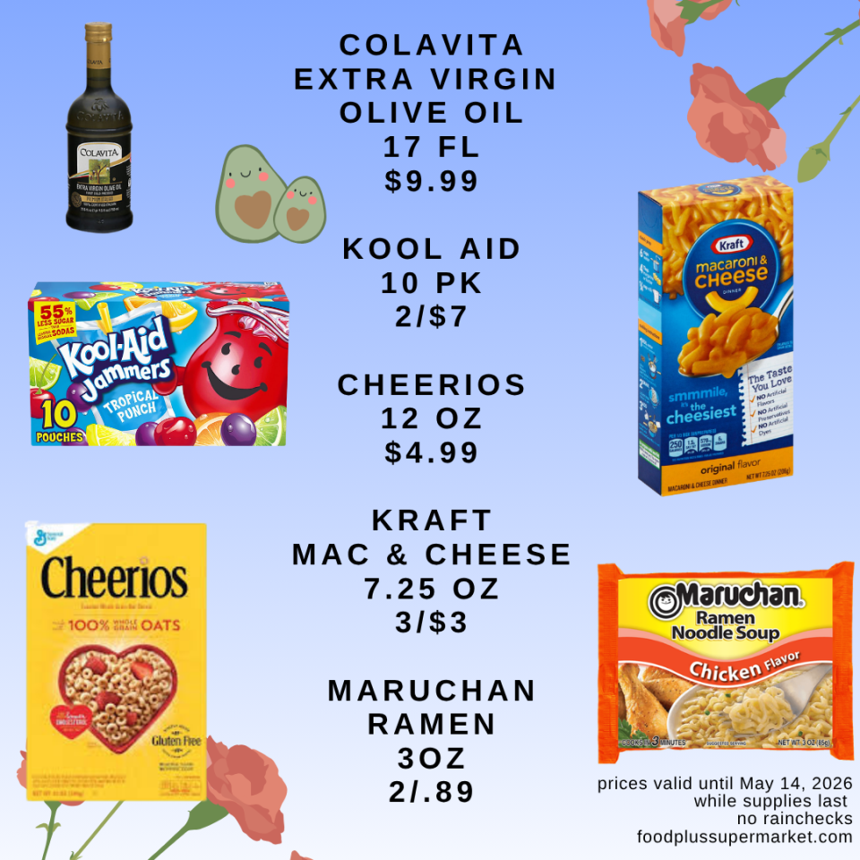 A Food Plus Supermarket advertisement listing sales on pantry goods including Colavita extra virgin olive oil, Kool-Aid Jammers, Cheerios, Kraft Mac & Cheese, and Maruchan Ramen, adorned with a cute avocado illustration