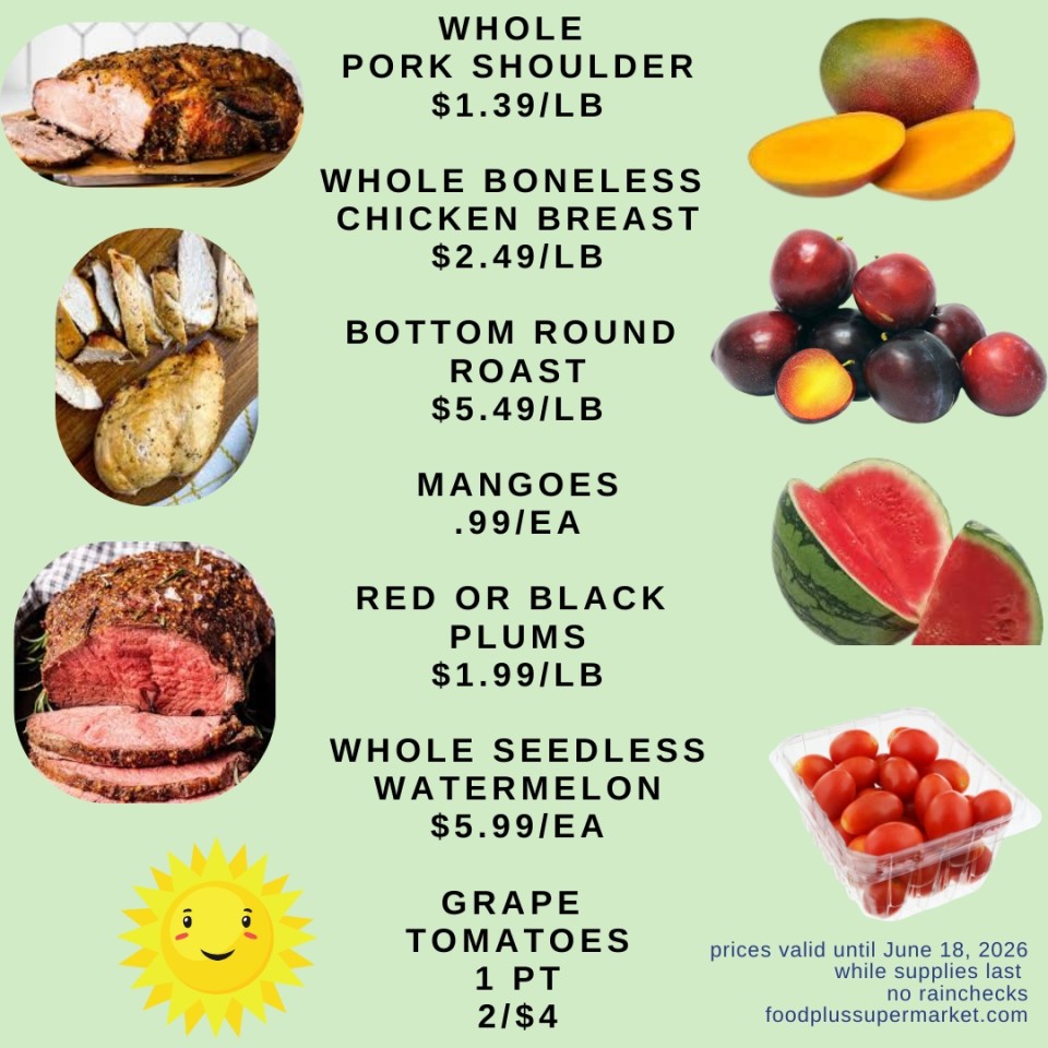 Food Plus Supermarket weekly ad featuring meat and produce deals valid until June 4, 2026. Items include Whole Pork Shoulder for $1.39/LB, Perdue Chicken Wings for $1.99/LB, Perdue Chicken Breast with Ribs for $1.59/LB, Cubed Steak for $9.99/LB, Cantaloupes at 2 for $5, Fresh Attitude Salad 5 oz at 2 for $5, Seedless Watermelon Quarters for $.79/LB, Blueberries 1 pt at 2 for $6, and Blackberries 6 oz at 2 for $6