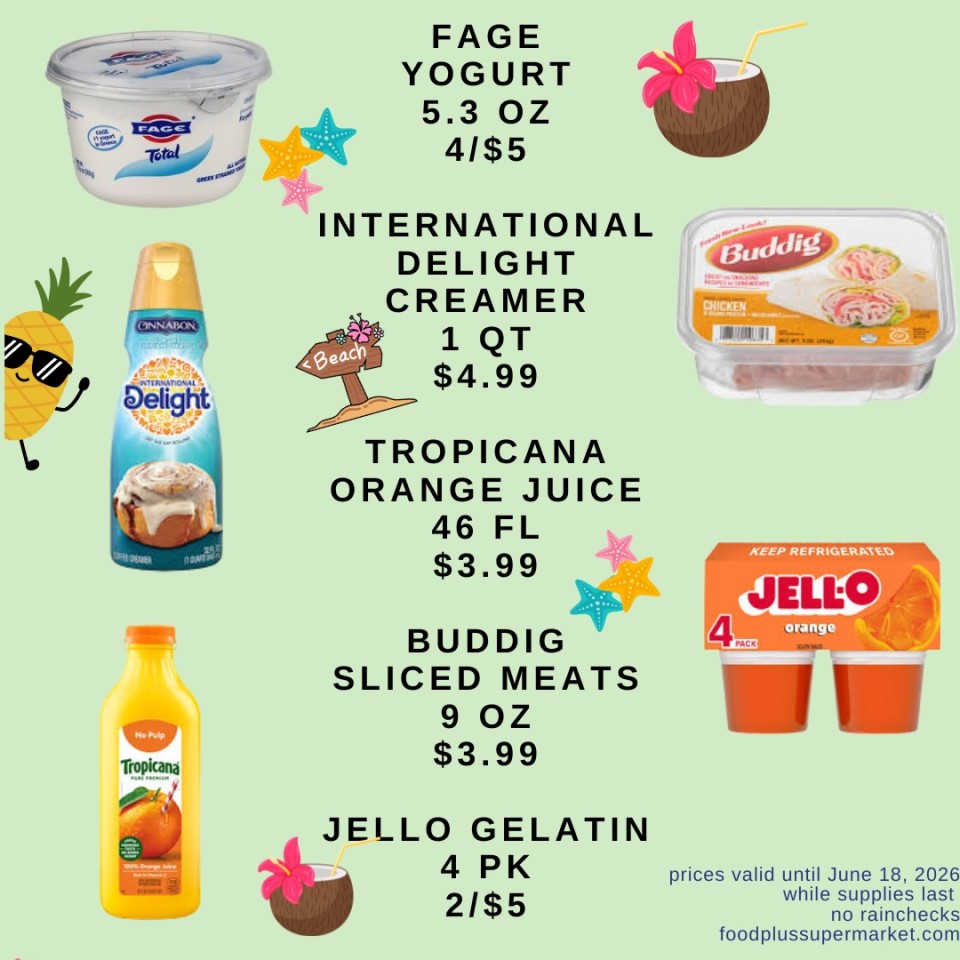 Food Plus Supermarket weekly ad featuring dairy, frozen, and grill items valid until June 4, 2026. Items include Kraft Singles 12 oz for $3.99, I Can't Believe It's Not Butter Spread 15 oz at 2 for $7, Philadelphia Cream Cheese 8 oz at 2 for $6, Nathan's Beef Franks 12 oz for $4.99, Ore-Ida Potatoes 28 oz for $3.99, and Häagen-Dazs Ice Cream 14 oz at 2 for $8
