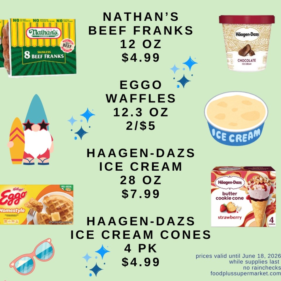 Food Plus Supermarket weekly ad featuring grocery staples and drinks valid until June 4, 2026. Items include a Pepsi 12 Pack for $8.49, Pepsi 1.25L bottles at 2 for $3, Snapple Tea 16 fl oz at 4 for $5, Goya Canilla Rice 20 lb bag for $13.99, and Goya Beans 15.5 oz cans at 4 for $5
