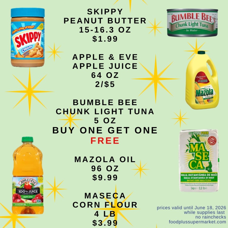 Food Plus Supermarket weekly ad featuring pantry and breakfast items valid until June 4, 2026. Items include Wesson Oil 1 gallon jug for $9.99, Belvita Breakfast Biscuits 8.8 oz for $4.49, Ocean Spray Cranberry Juice 64 fl oz for $2.99, Quaker Oats 42 oz for $5.99, and Nutrament Energy Nutrition Drink 11 fl oz for $1.99