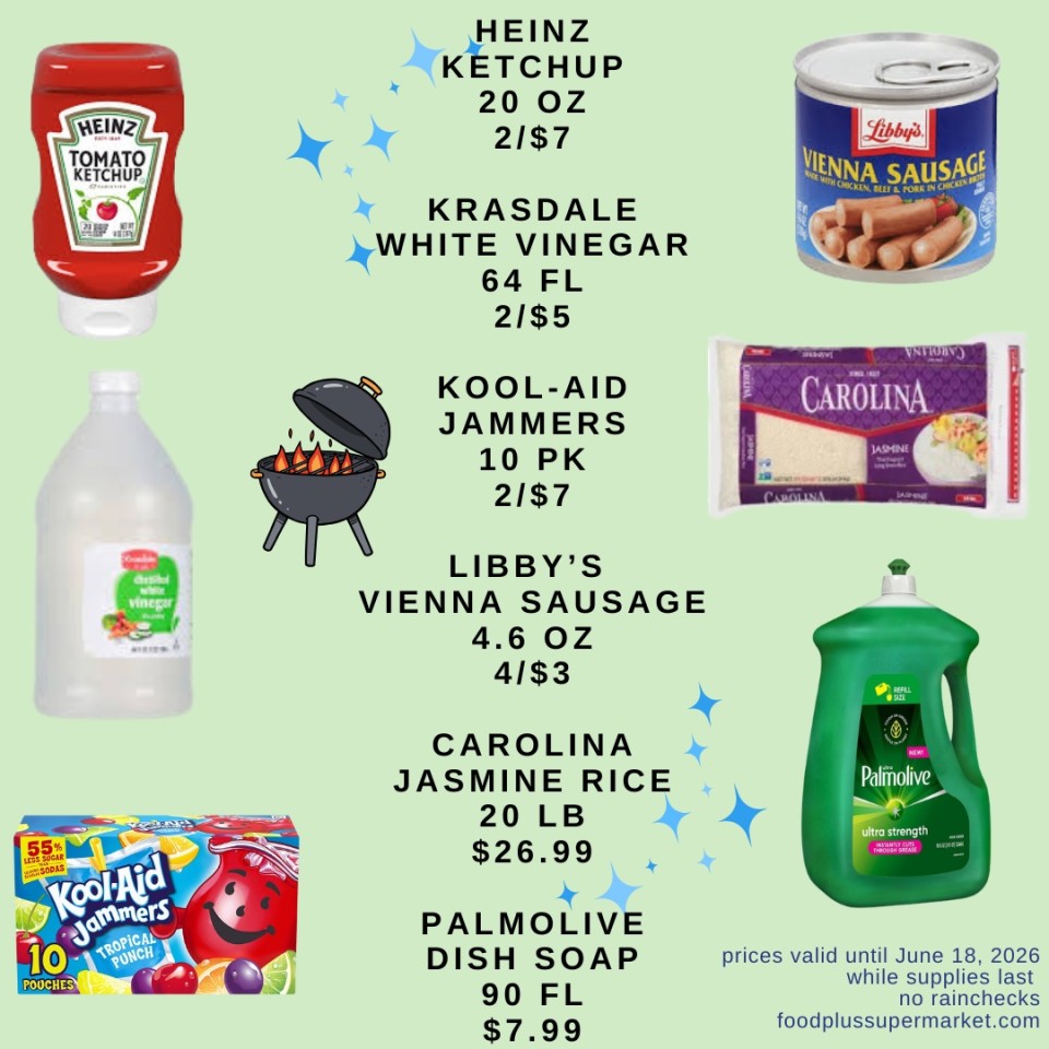 Food Plus Supermarket weekly ad featuring pantry staples valid until June 4, 2026. Items include Bumble Bee Solid White Tuna 5 oz cans at 2 for $3, Libby's Vienna Sausage 4.6 oz cans at 4 for $3, Luigi Vitelli Pasta 1 lb bags at 3 for $4, and King's Hawaiian Rolls 12 oz pack for $3.99