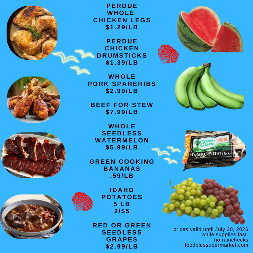A blue supermarket flyer for Food Plus Supermarket featuring various meats and produce. Text reads: 