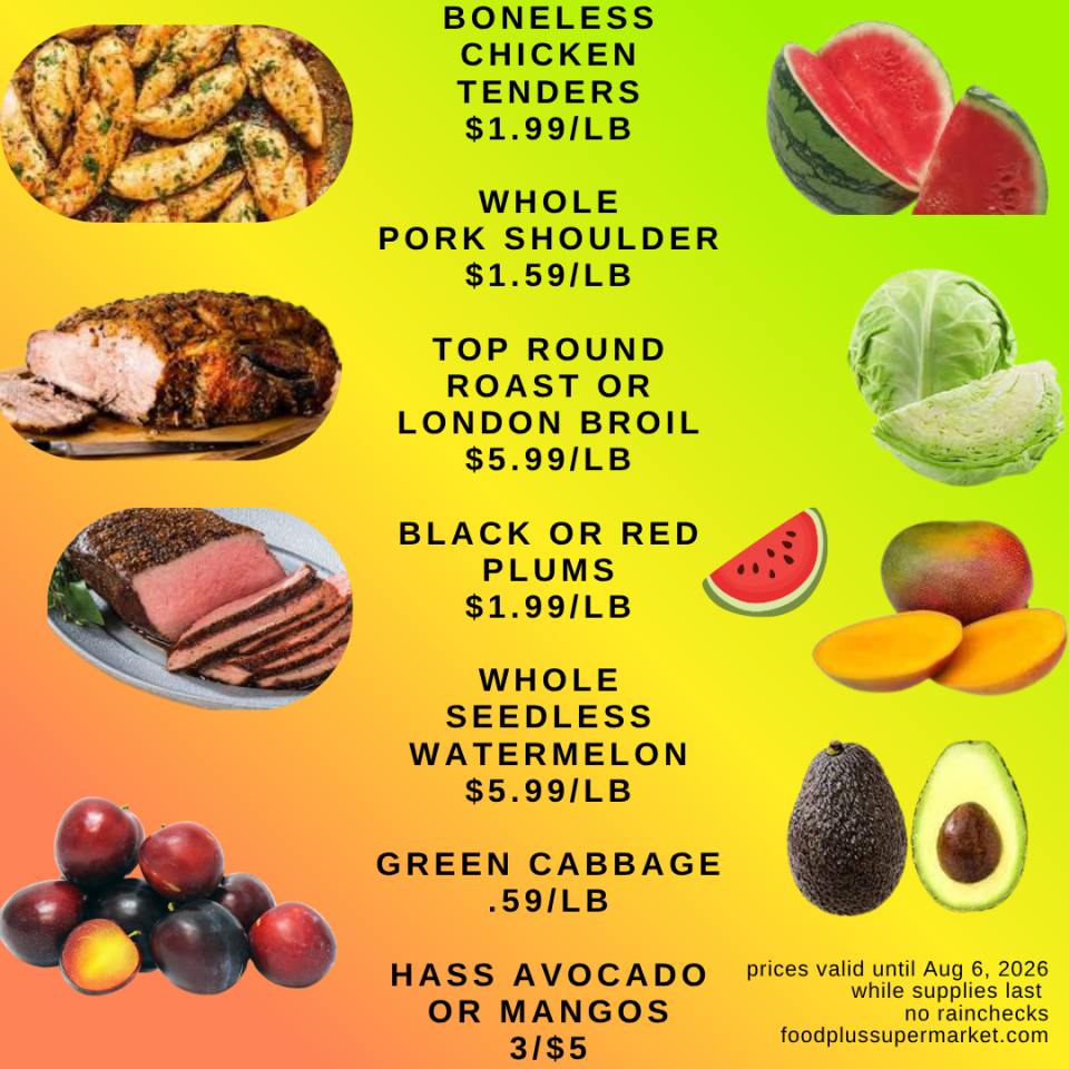 A promotional grocery flyer for Food Plus Supermarket featuring meat and produce on a yellow and green gradient background. Deals include: Boneless Chicken Tenders at $1.99/LB; Whole Pork Shoulder at $1.59/LB; Top Round Roast or London Broil at $5.99/LB; Black or Red Plums at $1.99/LB; Whole Seedless Watermelon at $5.99/LB; Green Cabbage at .59/LB; and Hass Avocado or Mangos at 3 for $5. The bottom corner reads, 