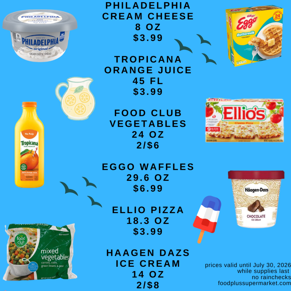 A blue supermarket flyer for Food Plus Supermarket featuring dairy, frozen foods, and juice. Text reads: 