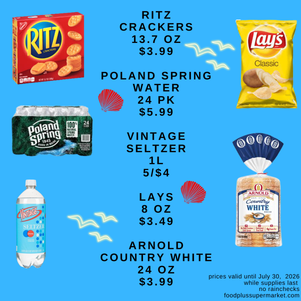 A blue supermarket flyer for Food Plus Supermarket featuring snacks and beverages. Text reads: 
