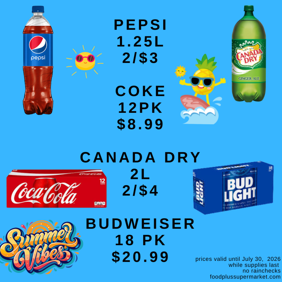 A blue supermarket flyer for Food Plus Supermarket featuring summer drinks with beach-themed clip art. Text reads: 