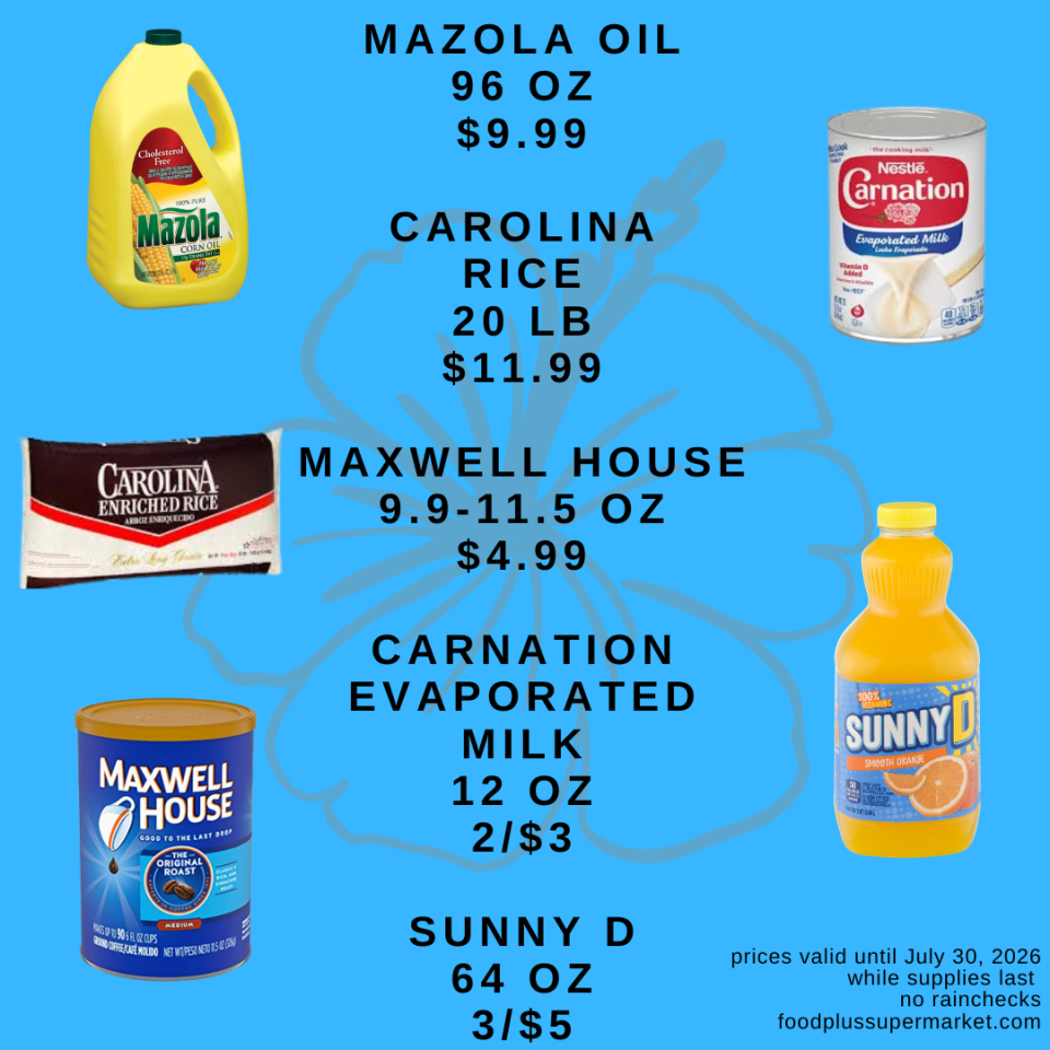 A blue supermarket flyer for Food Plus Supermarket featuring pantry staples and beverages. Text reads: 