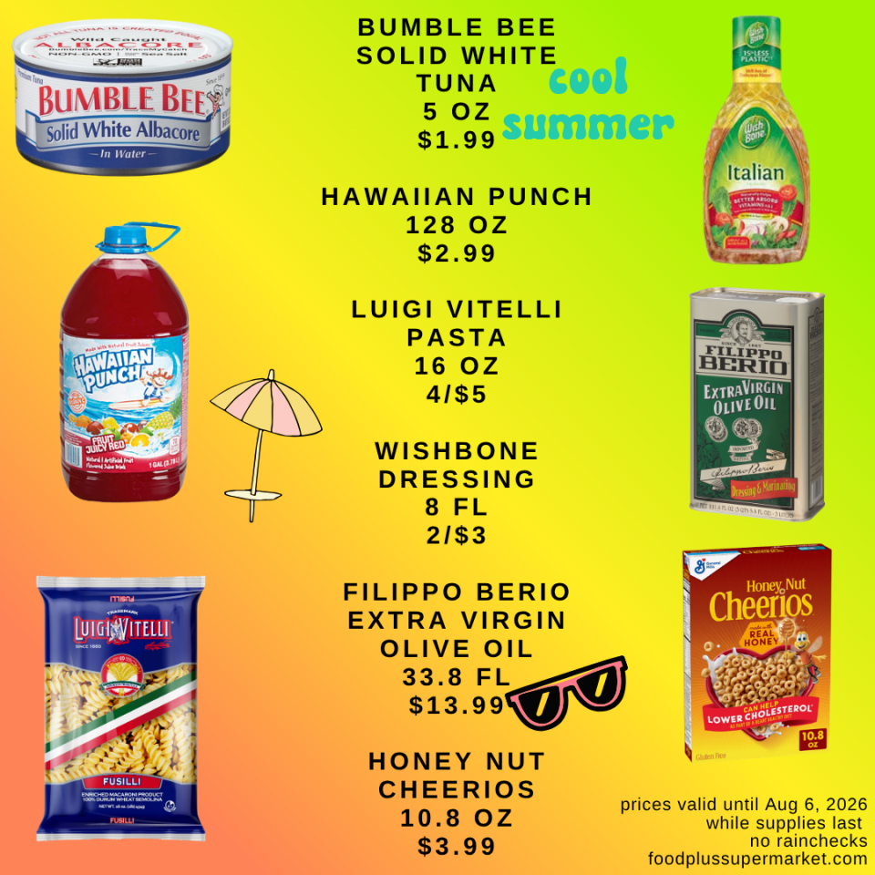 A promotional grocery flyer for Food Plus Supermarket featuring pantry items with a 