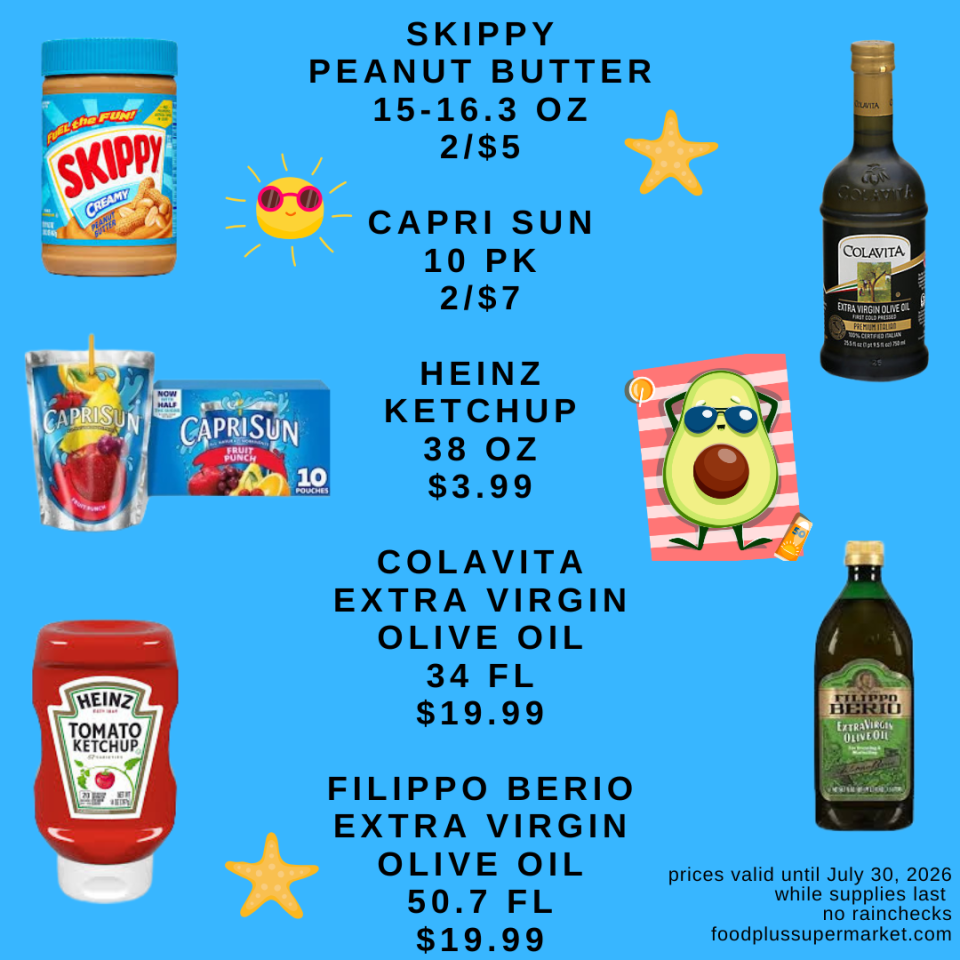 A blue supermarket flyer for Food Plus Supermarket featuring condiments and snacks with summer clip art. Text reads: 