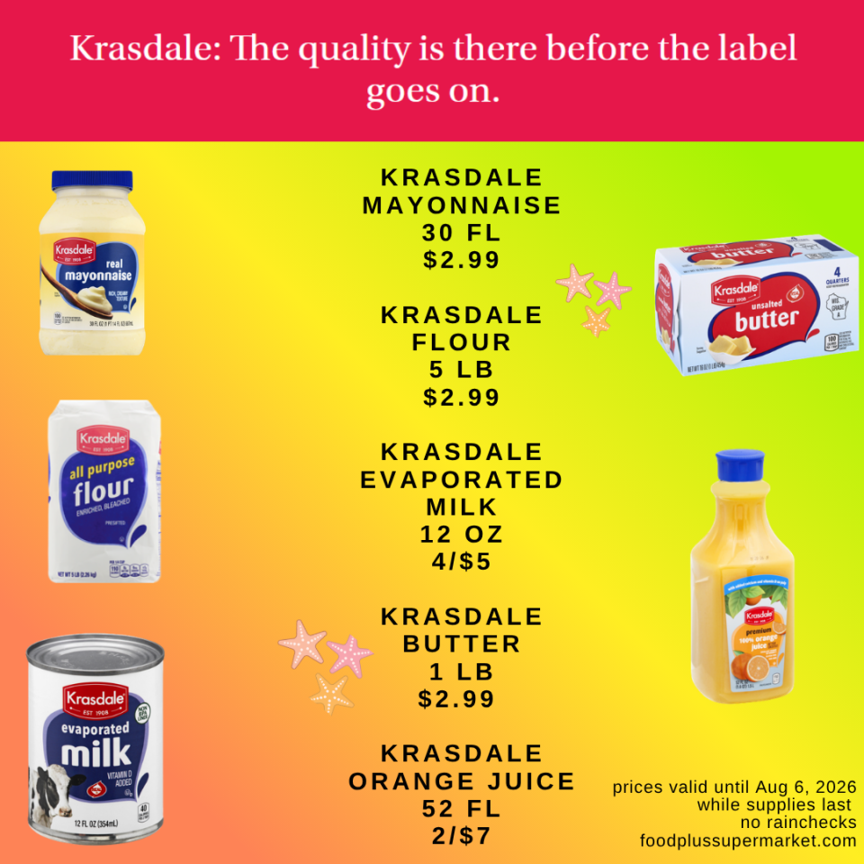 A promotional grocery flyer for Food Plus Supermarket highlighting Krasdale brand products. The top banner reads, 