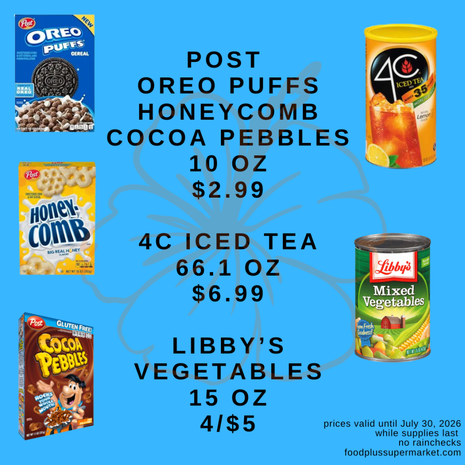A blue supermarket flyer for Food Plus Supermarket featuring dry goods and canned items. Text reads: 