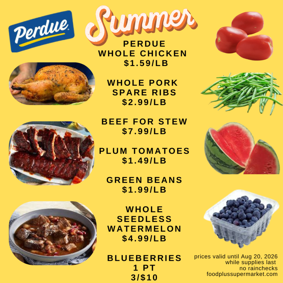 A promotional grocery flyer for Food Plus Supermarket featuring meat and produce on a yellow and green gradient background. Deals include: Boneless Chicken Tenders at $1.99/LB; Whole Pork Shoulder at $1.59/LB; Top Round Roast or London Broil at $5.99/LB; Black or Red Plums at $1.99/LB; Whole Seedless Watermelon at $5.99/LB; Green Cabbage at .59/LB; and Hass Avocado or Mangos at 3 for $5. The bottom corner reads, 